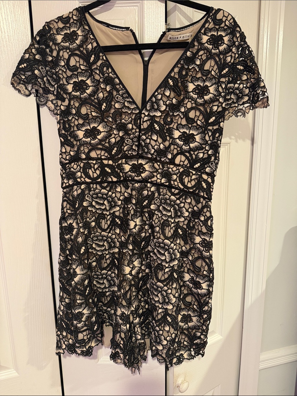 Alice + Olivia Black Floral Lace Romper with Nude Lining